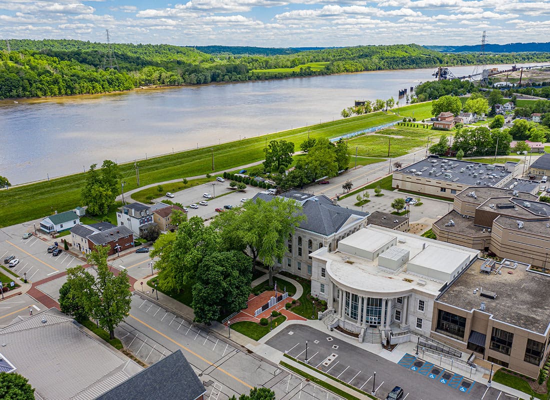 Dearborn, MI - Aerial View of Buildings in Downtown Dearborn Michigan by the River on a Sunny Day